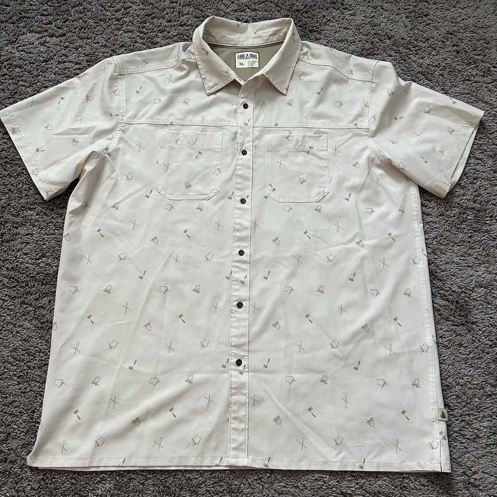 Lake & Trail Men's Beige Short Sleeve Button Down Camping Fishing Size XL‎ Shirt
